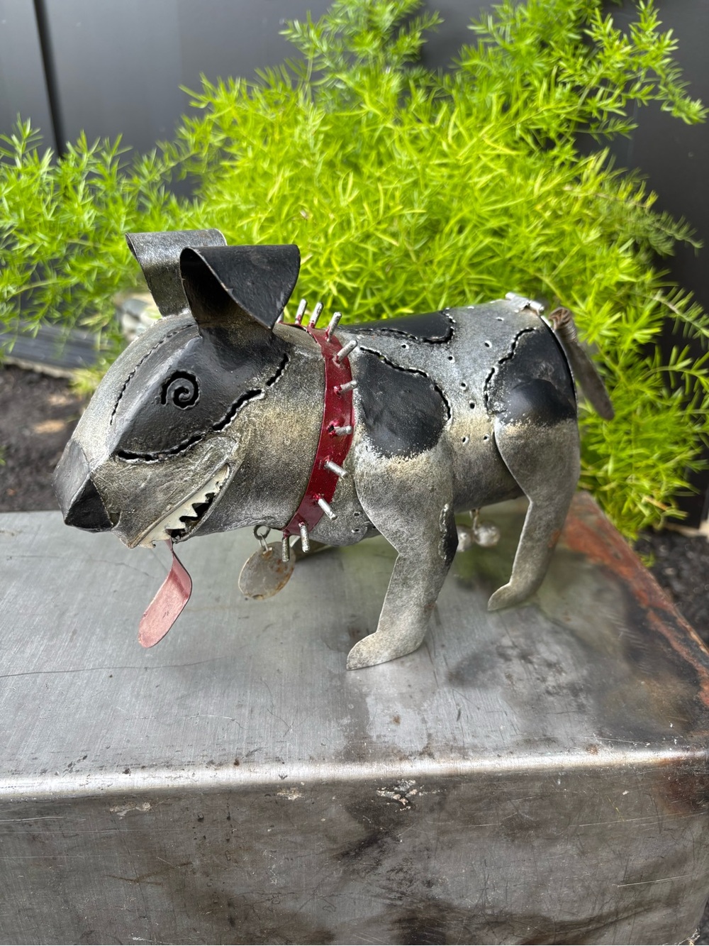 Vintage Rustic SPIKE JR Recycled Metal Dog Sculpture, Lantern, Tea Light Candle